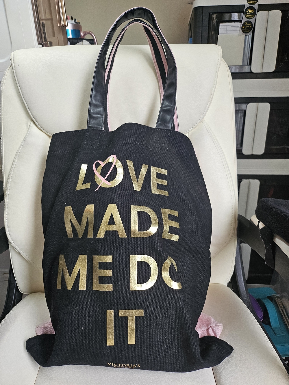 Victoria's Secret Double Black Tote Bag with Gold 'Love Made Me Do It' Print
